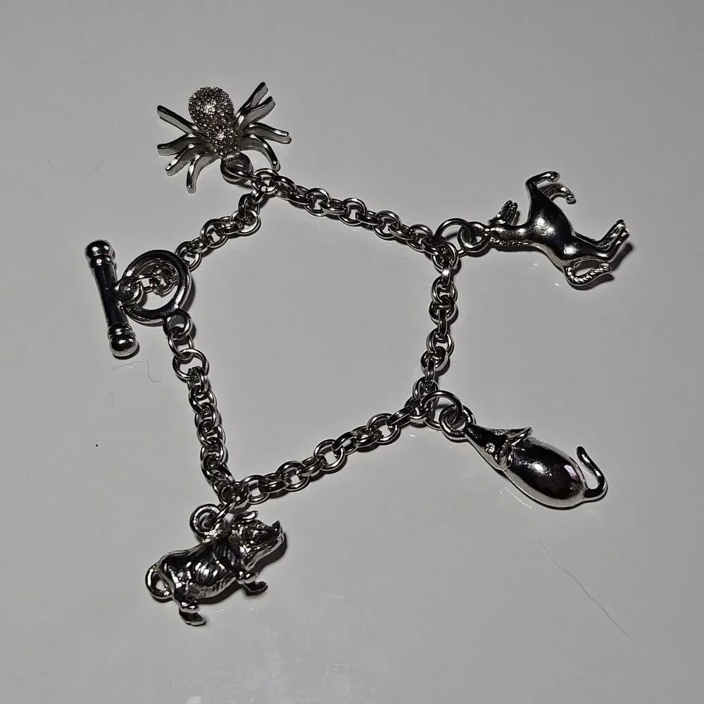 Silver Tone Spider Pig Mouse Horse Charm Toggle Bracelet 6